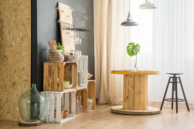 DIY furniture from wooden boxes in trendy eco cafe