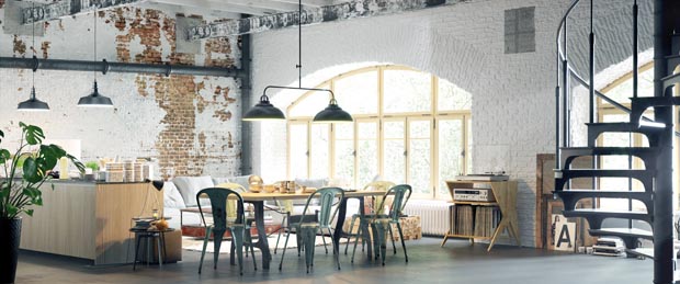 vintage loft apartment with brick wall 3d rendering