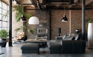 Living room loft in industrial style ,3d render