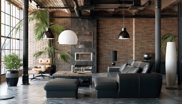 Living room loft in industrial style ,3d render