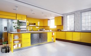 modern yellow color kitchen interior.