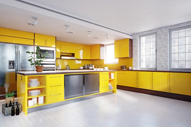 modern yellow color kitchen interior.