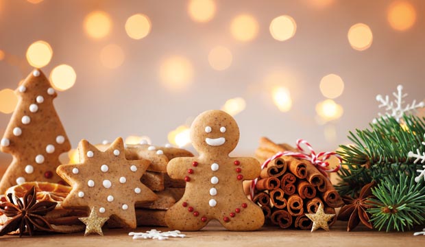 Gingerbread man and gingerbread cookie on bokeh background. Chri