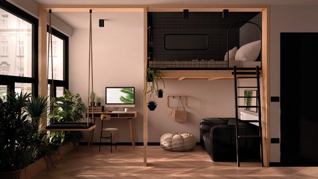 Minimalist studio apartment with loft bunk double bed, mezzanine