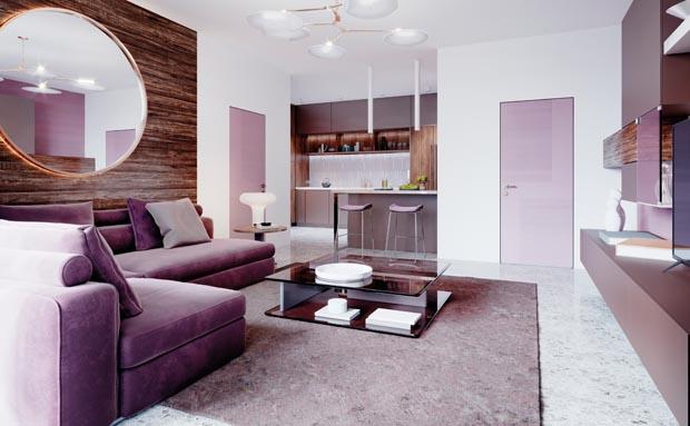 Studio in purple and white colors. Contemporary style with corne