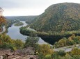 The aerial view of the traffic, Delaware Water Gap and scenery of fall foliage from the top of Mount Tammany Red Dot Trail near Hardwick Township, New Jersey, U.S.A