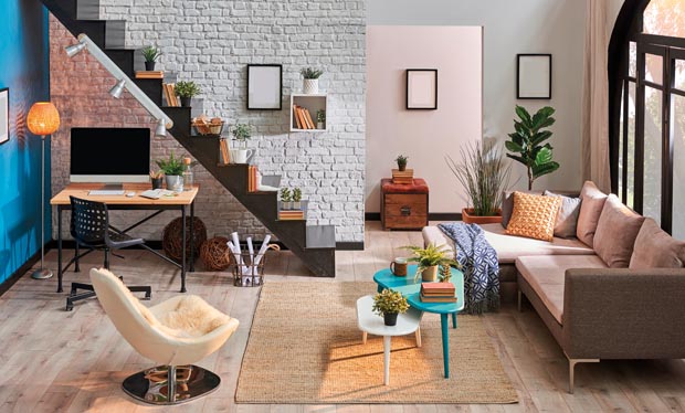 Home decoration interior, grey sofa, middle table decoration, wo