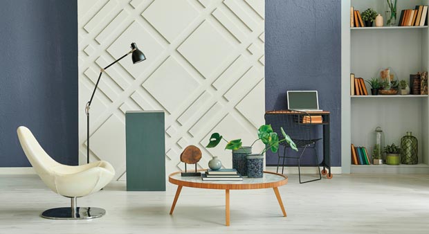 Decorative living room, brown textured wall, dark blue stone wal