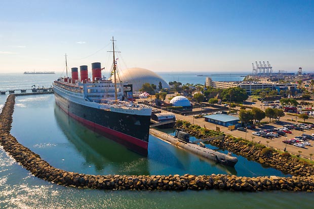 Gorgeous aerial view of RMS Queen Mary ocean liner at Long Beach